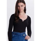 TUDORS Slim Fit Dar Kesim Pamuklu V Yaka Bluz, M, BYGM2557, Siyah, Kadın