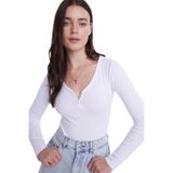 TUDORS Slim Fit Dar Kesim Pamuklu V Yaka Bluz, S, BYGM2557, Beyaz, Kadın