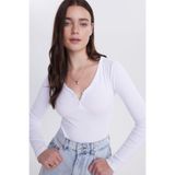 TUDORS Slim Fit Dar Kesim Pamuklu V Yaka Bluz, XL, BYGM2557, Beyaz, Kadın