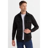 TUDORS Slim Fit Dar Kesim Spor Yaka Çift Cep Kapaklı Kareli Gömlek, L, DR250018, Siyah, Erkek