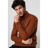 Tudors Slim Fit Dar Kesim Tam Balıkçı Yaka Desenli Kahverengi Erkek Triko Kazak