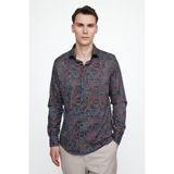 Tudors Slim Fit Dar Kesim Uzun Kol Likralı Baskılı Yüksek Yaka Erkek Gömlek, Multi
