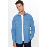 TUDORS Slim Fit Dar Kesim Uzun Kollu Çift Cepli Kapaklı Denim Gömlek, M, DR220104-300, Mavi, Erkek