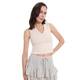 TUDORS Slim Fit Dar Kesim V Yaka Sıfır Kol Pamuklu Ribanalı Bluz, S, BYGM2558, Bej, Kadın