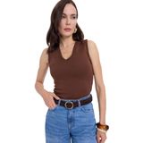 TUDORS Slim Fit Dar Kesim V Yaka Sıfır Kol Pamuklu Ribanalı Bluz, S, BYGM2558, Kahverengi, Kadın