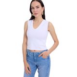 TUDORS Slim Fit Dar Kesim V Yaka Sıfır Kol Pamuklu Ribanalı Bluz, XL, BYGM2558, Beyaz, Kadın