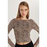 Tudors Slim Fit Dar Kesim Viskon Kumaş Uzun Kol Bisiklet Yaka Desenli Bluz, L, BYGM2507, Bej - Siyah, Kadın