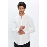 TUDORS Slim Fit Dar Kesim Yün Viskon Düğmeli Yaka Gömlek, S, DR230001-302, Beyaz, Erkek