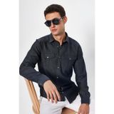 TUDORS Slim Fit Denim Gömlek Dar Kesim Çift Cepli Spor Yaka, M, DR220014-510, Antrasit, Erkek