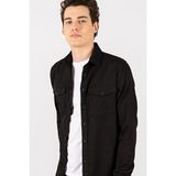 Tudors Slim Fit Düz Cepli Gabardin Erkek Siyah Gömlek
