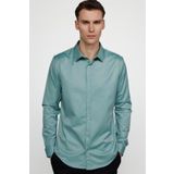 Tudors Slim Fit Likralı Düz Pamuk Saten Erkek Yeşil Gömlek