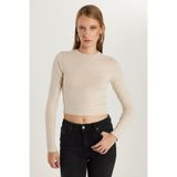 TUDORS Slim Fit Pamuklu Düz Bisiklet Yaka Bluz, S, BYGM2509, Taş, Kadın