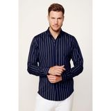 Tudors Slim Fit Pamuklu Kolay Ütü Çizgili Lacivert Erkek Gömlek