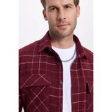 TUDORS Slim Fit Spor Yaka Çift Cep Kapaklı Kareli Gömlek, S, DR250018, Bordo, Erkek