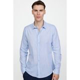 Tudors Slim Fit Uzun Kol Apoletli Keten Düz Erkek Mavi Gömlek
