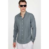 Tudors Slim Fit Uzun Kol Biyeli Yaka Düğmeli Gri Keten Erkek Gömlek