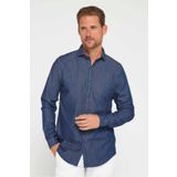 Tudors Slim Fit Uzun Kollu Dar Kesim İtalyan Yaka 4 Mevsim Düz Denim Lacivert Erkek Gömlek
