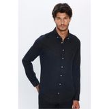 TUDORS Slim Fit Uzun Kollu Düğmeli Yaka Kışlık Yün Viskon Düz Gömlek, L, DR230001-301, Siyah, Erkek