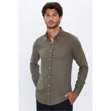 TUDORS Slim Fit Uzun Kollu Düğmeli Yaka Kışlık Yün Viskon Düz Gömlek, S, DR230001-300, Haki, Erkek