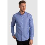 Tudors Slim Fit Uzun Kollu Düğmeli Yaka Pamuklu Kolay Ütü Düz Erkek Gömlek - Mavi