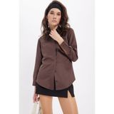 TUDORS Slim Fit Uzun Kollu Gizli Düğme Detaylı Gömlek, L, BYGM2549, Kahverengi, Kadın
