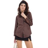 TUDORS Slim Fit Uzun Kollu Gizli Düğme Detaylı Gömlek, M, BYGM2549, Kahverengi, Kadın