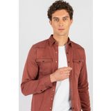 Tudors Slim Fit Uzun Kollu Gündelik Denim Kot Erkek Bordo Gömlek