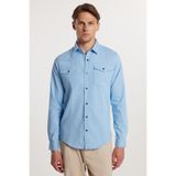 Tudors Slim Fit Uzun Kollu Gündelik Denim Kot Erkek Mavi Gömlek