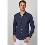 Tudors Slim Fit Uzun Kollu Hakim Yaka Pamuklu Kolay Ütü Çizgili Erkek Lacivert Gömlek