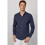 TUDORS Slim Fit Uzun Kollu Hakim Yaka Pamuklu Kolay Ütü Çizgili Gömlek, XL, DR220080-207, Lacivert, Erkek