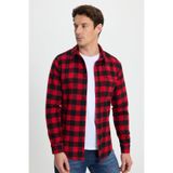 TUDORS Slim Fit Uzun Kollu Kareli Gömlek, L, DR250021, Kırmızı-Siyah, Erkek