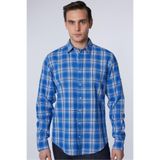 Tudors Slim Fit Uzun Kollu Kareli Keten Doku Yazlık Erkek Gömlek, Mavi, XL