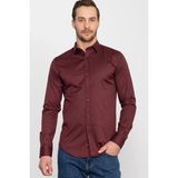 Tudors Slim Fit Uzun Kollu Likralı Düz Pamuk Saten Erkek Bordo Gömlek - XL