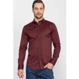 Tudors Slim Fit Uzun Kollu Likralı Düz Pamuk Saten Erkek Bordo Gömlek