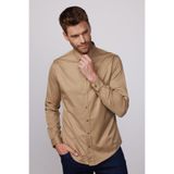 Tudors Slim Fit Uzun Kollu Likralı Düz Pamuk Saten Erkek Kahve Gömlek