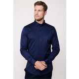 Tudors Slim Fit Uzun Kollu Likralı Düz Pamuk Saten Erkek Lacivert Gömlek