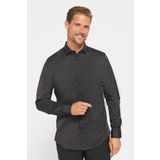 Tudors Slim Fit Uzun Kollu Likralı Düz Pamuk Saten Erkek Siyah Gömlek