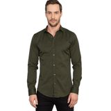 TUDORS Slim Fit Uzun Kollu Likralı Düz Pamuk Saten Gömlek, L, DR200135-300, Haki, Erkek