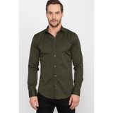 TUDORS Slim Fit Uzun Kollu Likralı Düz Pamuk Saten Gömlek, XL, DR200135-300, Haki, Erkek