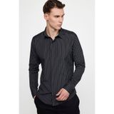 TUDORS Slim Fit Uzun Kollu Pamuklu Çizgili Gömlek, M, DR210094-801, Lacivert, Erkek