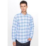 TUDORS Slim Fit Uzun Kollu Pamuklu Kareli Düğmeli Yaka Gömlek, L, DR220113-4340, Mavi Kareli, Erkek