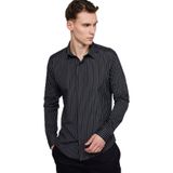 Tudors Slim Fit Uzun Kollu Pamuklu Kolay Ütü Çizgili Erkek Siyah Lacivert Gömlek - XL
