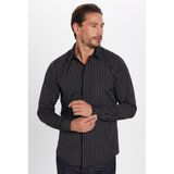 Tudors Slim Fit Uzun Kollu Pamuklu Kolay Ütü Çizgili Erkek Siyah Lacivert Gömlek
