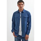 Tudors Slim Fit Uzun Kollu Spor Yaka Yıkamalı Çift Cepli Armürlü Denim Kot Indigo Erkek Gömlek - İndigo