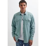 Tudors Slim Fit Uzun Kollu Spor Yaka Yıkamalı Çift Cepli Armürlü Denim Kot Mint Erkek Gömlek - XL