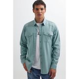 Tudors Slim Fit Uzun Kollu Spor Yaka Yıkamalı Çift Cepli Armürlü Denim Kot Mint Erkek Gömlek