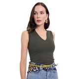 TUDORS Slim Fit V Yaka Sıfır Kol Pamuklu Ribanalı Bluz, S, BYGM2558, Haki, Kadın