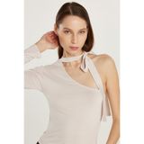 Tudors Standart Fit Fitilli Tek Kol Asimetrik Yaka Renk Bluz, M, KDN25264, Taş, Kadın