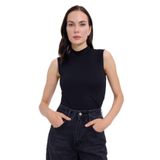 TUDORS Standart Fit Normal Kesim Sıfır Kol Yarım Balıkçı Yaka Bluz, L, BDY25021, Siyah, Kadın