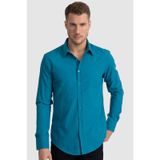 Tudors Terry Cotton Slim Fit Dar Kesim Turkuaz Erkek Gömlek